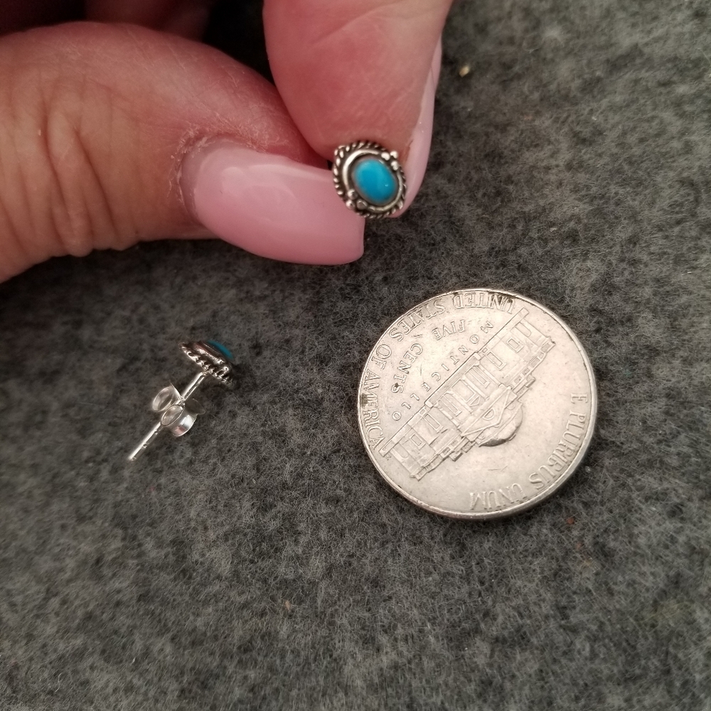 Native American 925 Sterling Turquoise Studs> Turquoise Earrings, Tiny Earrings - Picture 4 of 4